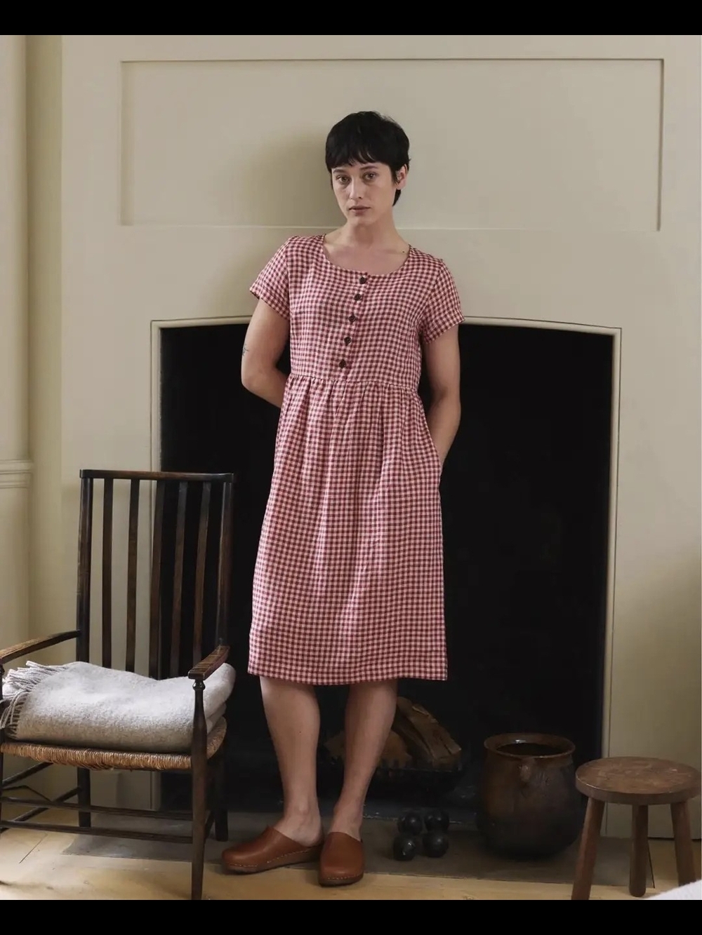 No.11 Classic Button-Up Linen Dress Geranium Check, size small